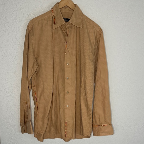 Carlo Pignatelli Men’s XL Button Up Shirt Tan Camel Embroidered Designer Fall - Picture 1 of 12